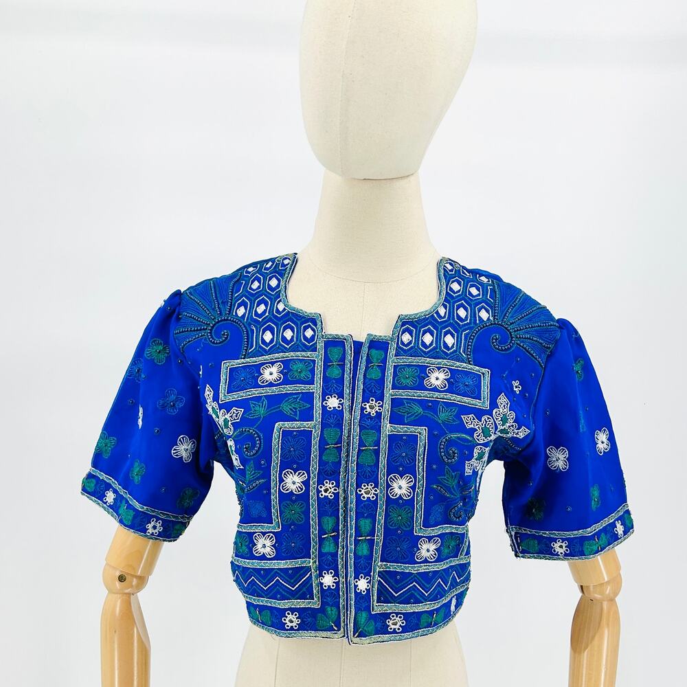 Handmade Blue Embroidered Indian Sari Lehenga Floral Beaded Blouse